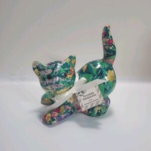 Joan Baker Porcelain Patchworks Green Floral‎ Cat Figurine W Tag